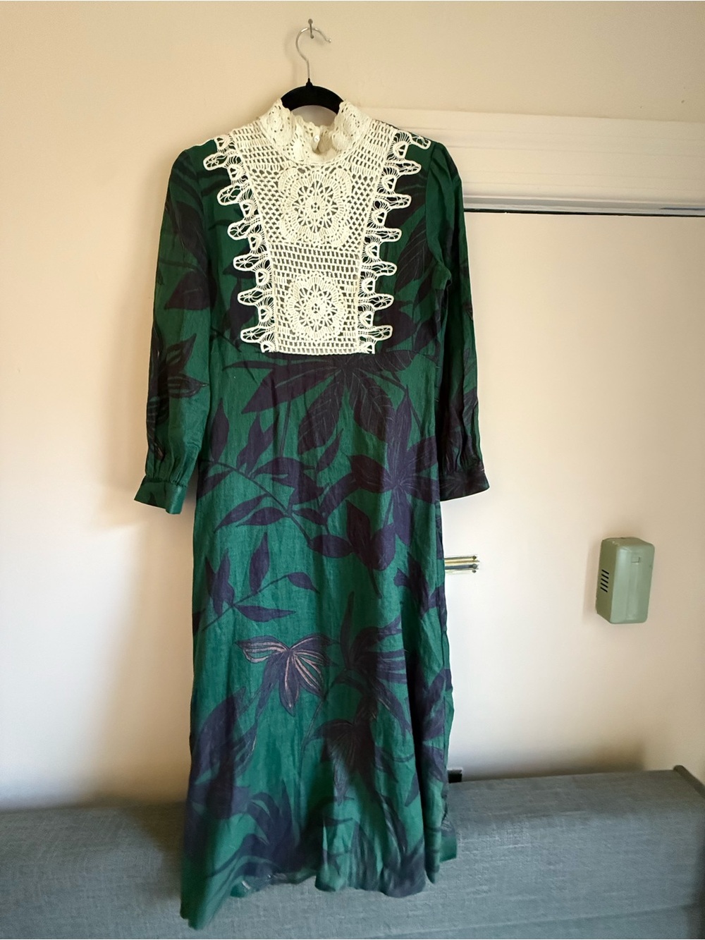 Zara Green Leaf-Print Long Sleeve Dress with White Crochet Bib